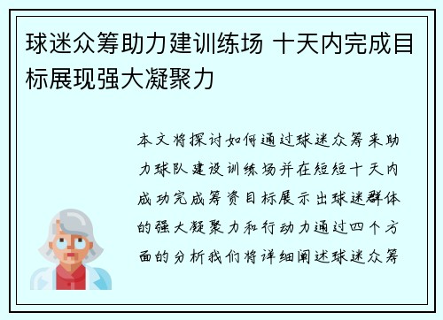 球迷众筹助力建训练场 十天内完成目标展现强大凝聚力