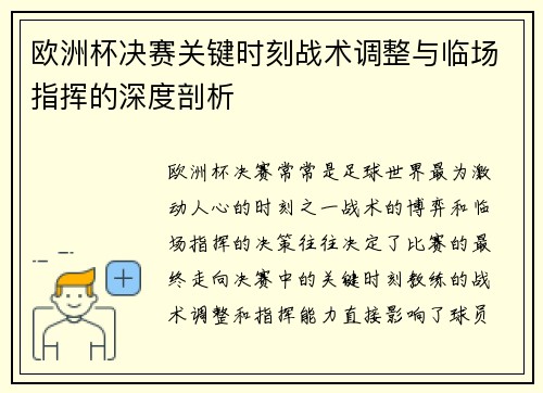 欧洲杯决赛关键时刻战术调整与临场指挥的深度剖析