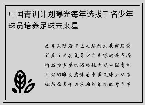 中国青训计划曝光每年选拔千名少年球员培养足球未来星