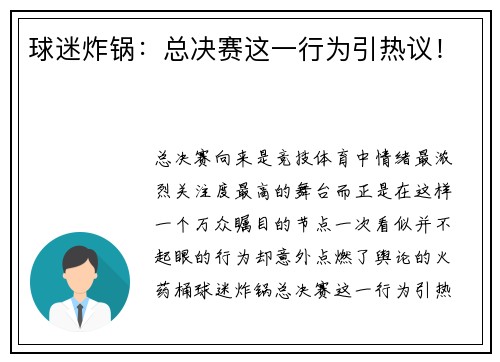 球迷炸锅：总决赛这一行为引热议！
